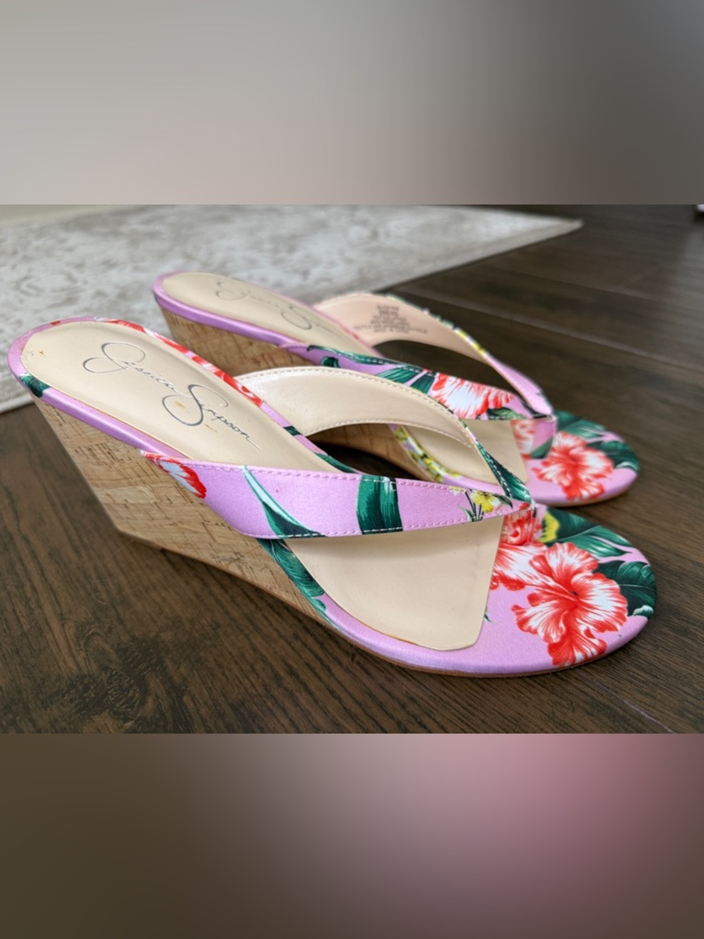 Jessica Simpson Pink Floral Cork Wedge Sandals